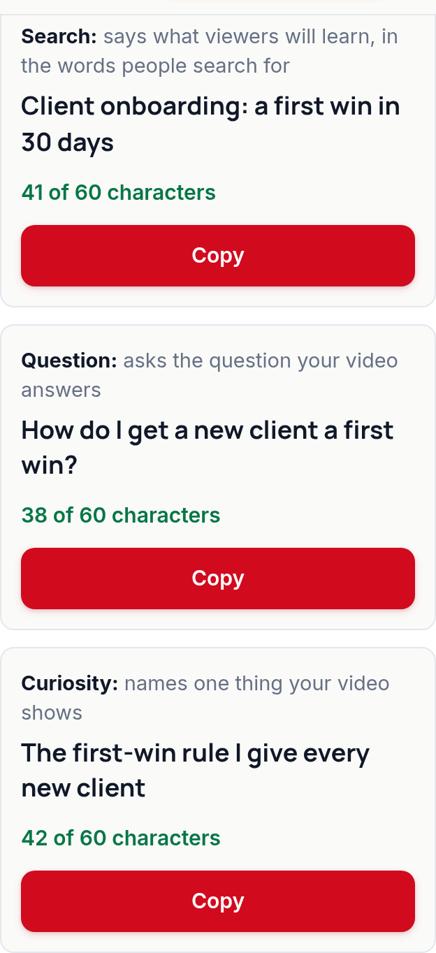 Three title cards: Search, Question and Curiosity, each with a character count and a Copy button